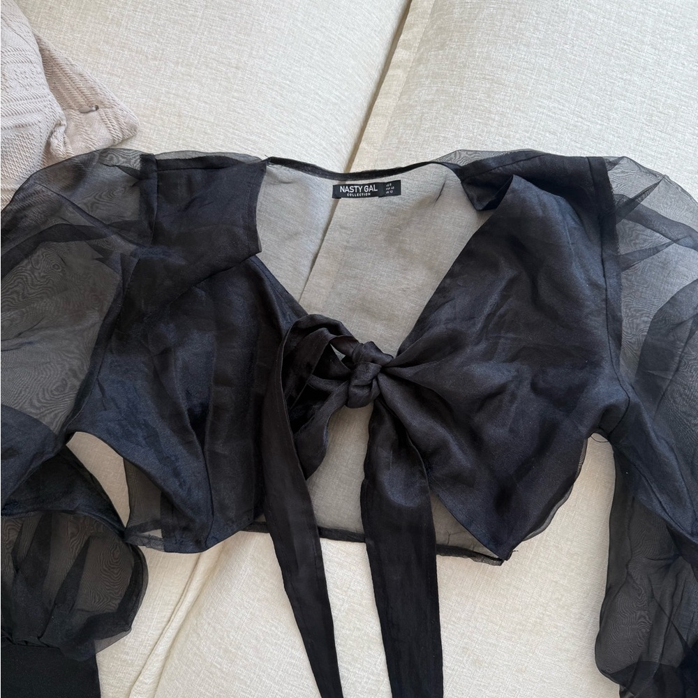 Nasty Gal Black Sheer 3/4 Sleeve Tie-Front Blouse